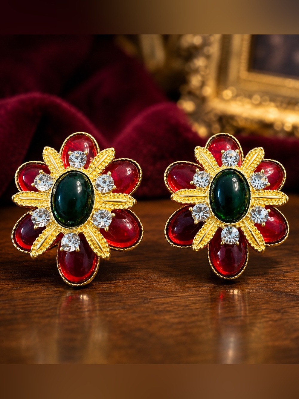 429. Vintage 90s Baroque Red Green Cabochon Rhinestone Statement Post Earrings